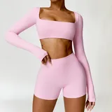 Sakra Pink Women's Bra Long Pants Yoga Set Long Sleeve Shorts