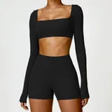 Jet Black Women's Bra Long Pants Yoga Set Long Sleeve Shorts