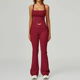 Cherry Red Women's Backless Cutout Yoga Tank Set Bare Feel Fitted Flared Pants