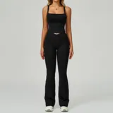 Jet Black Women's Backless Cutout Yoga Tank Set Bare Feel Fitted Flared Pants