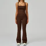 Coffee Women's Backless Cutout Yoga Tank Set Bare Feel Fitted Flared Pants