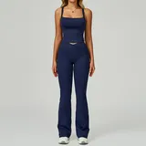 Midnight Blue Women's Backless Cutout Yoga Tank Set Bare Feel Fitted Flared Pants
