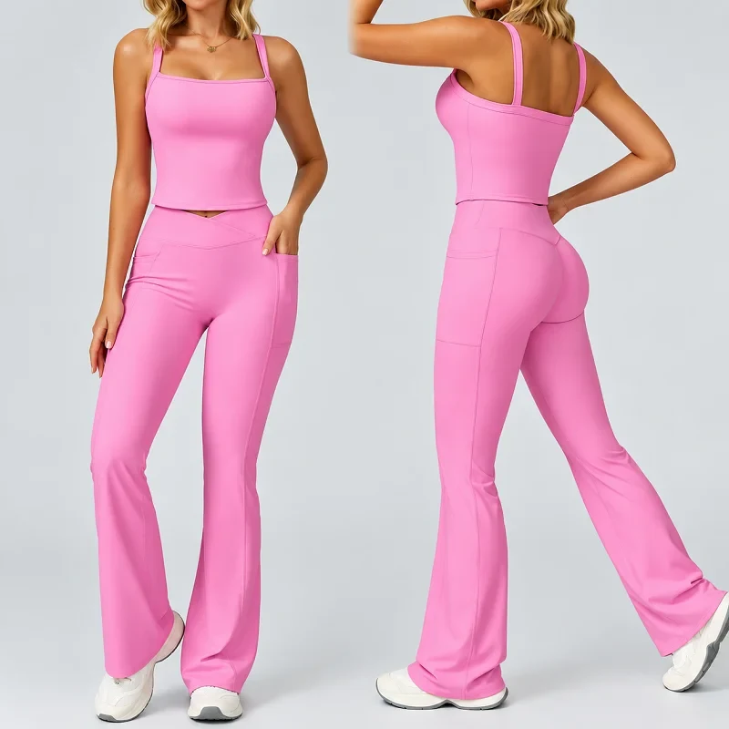 Women's Backless Cutout Yoga Tank Set Bare Feel Fitted Flared Pants