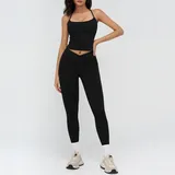 Jet Black Women's Bra Shorts Yoga Set Tank Long Pants