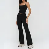 Jet Black Women's Bra Shorts Yoga Set Tank Flared Pants