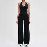 Jet Black Women's Bra Long Pants Yoga Set Tank Wide Leg Pants