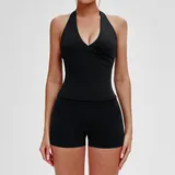 Jet Black Women's Bra Long Pants Yoga Set Tank Shorts
