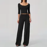 Jet Black Women's Yoga Performance Top Fitness Outdoor Brushed Fitted