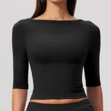 Jet Black Women's Running Yoga Workout Performance Top Brushed Fitted