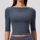 Navy Blue Women's Running Yoga Workout Performance Top Brushed Fitted